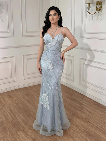Luxury Pink Beaded Mermaid Evening Dress with Spaghetti Straps LA72492