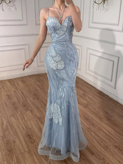 Luxury Pink Beaded Mermaid Evening Dress with Spaghetti Straps LA72492