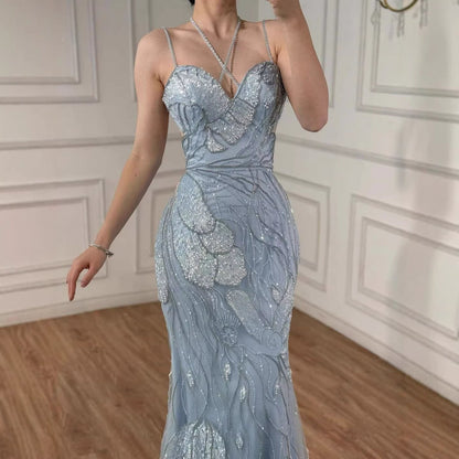 Luxury Pink Beaded Mermaid Evening Dress with Spaghetti Straps LA72492