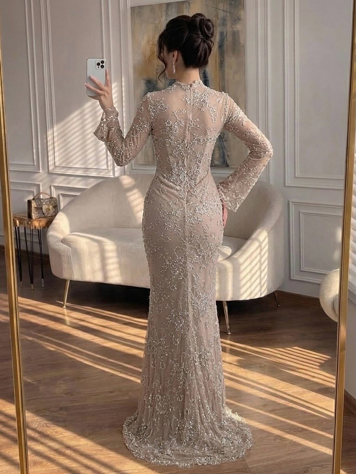Luxury Nude Beaded Lace Long Sleeve Mermaid Evening Dress LA72545A