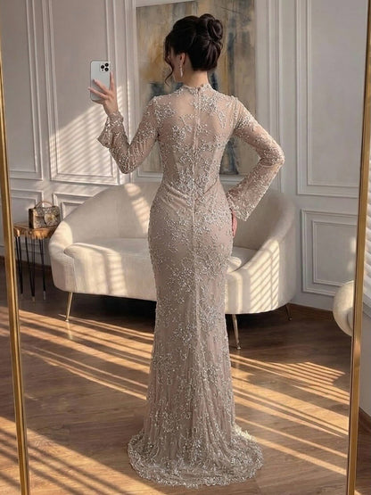 Luxury Nude Beaded Lace Long Sleeve Mermaid Evening Dress LA72545A