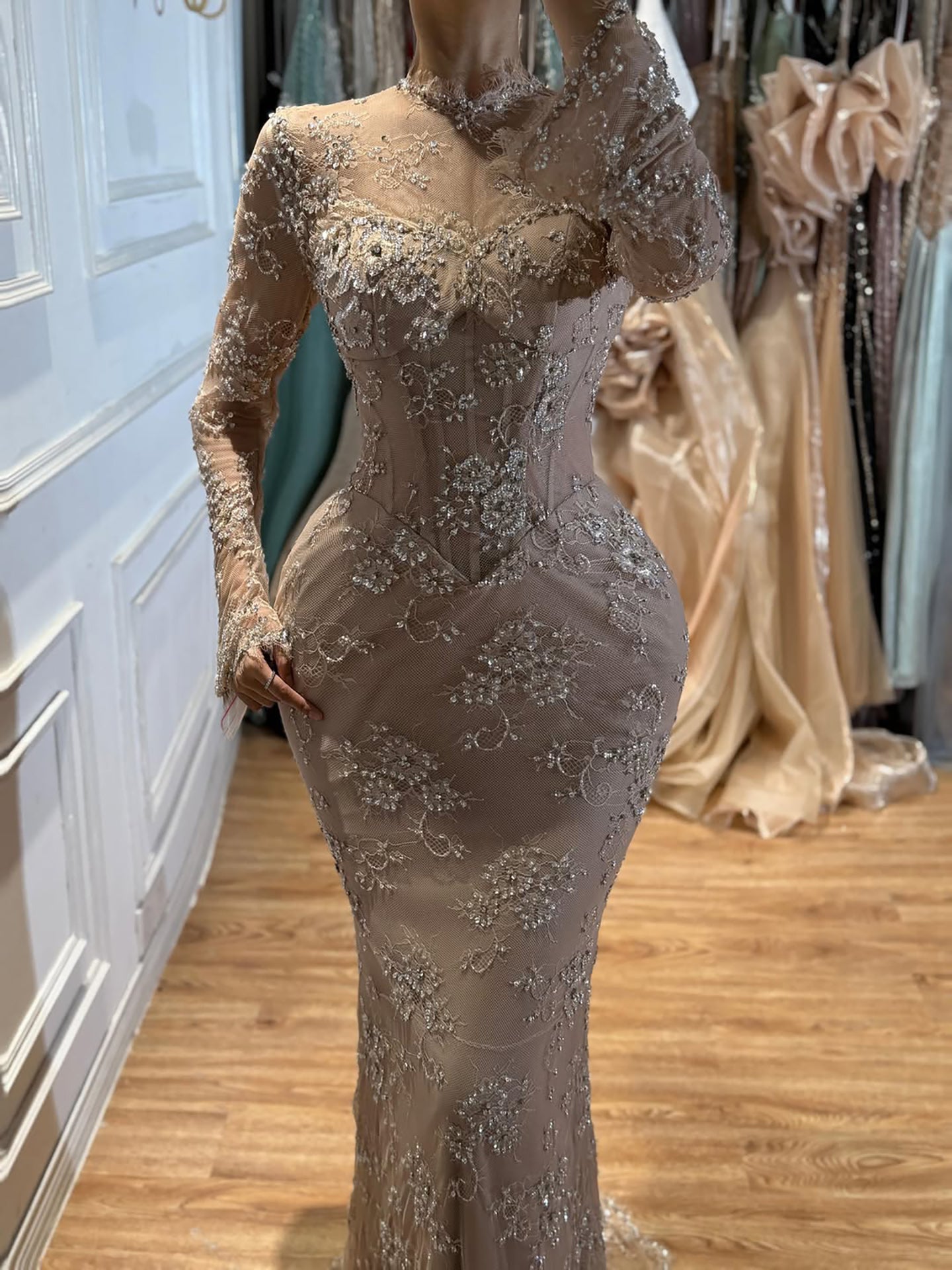 Luxury Nude Beaded Lace Long Sleeve Mermaid Evening Dress LA72545A