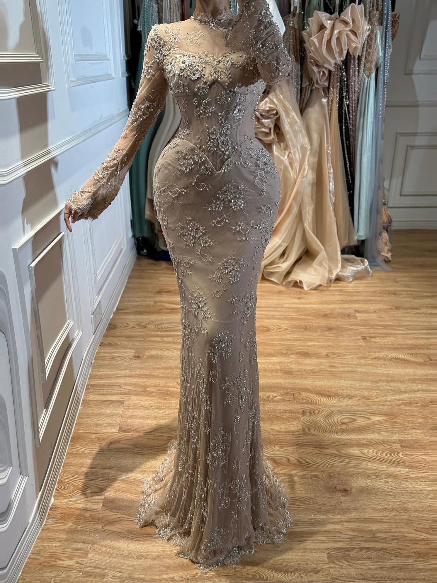 Luxury Nude Beaded Lace Long Sleeve Mermaid Evening Dress LA72545A