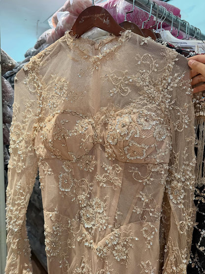 Luxury Nude Beaded Lace Long Sleeve Mermaid Evening Dress LA72545A