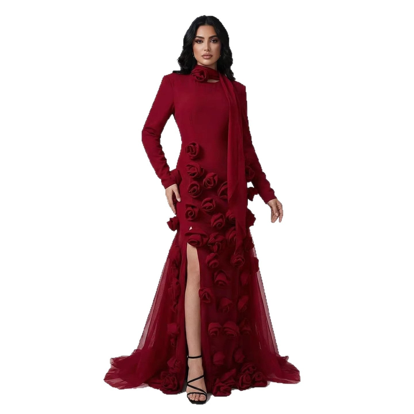 فستان سهرة فاخر بلون أحمر خمري بأكمام طويلة وفتحة جانبية مزينة بزهور ثلاثية الأبعاد بتصميم حورية البحر LA72568B 