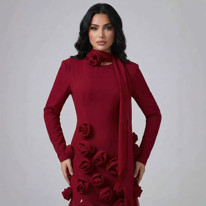 فستان سهرة فاخر بلون أحمر خمري بأكمام طويلة وفتحة جانبية مزينة بزهور ثلاثية الأبعاد بتصميم حورية البحر LA72568B 