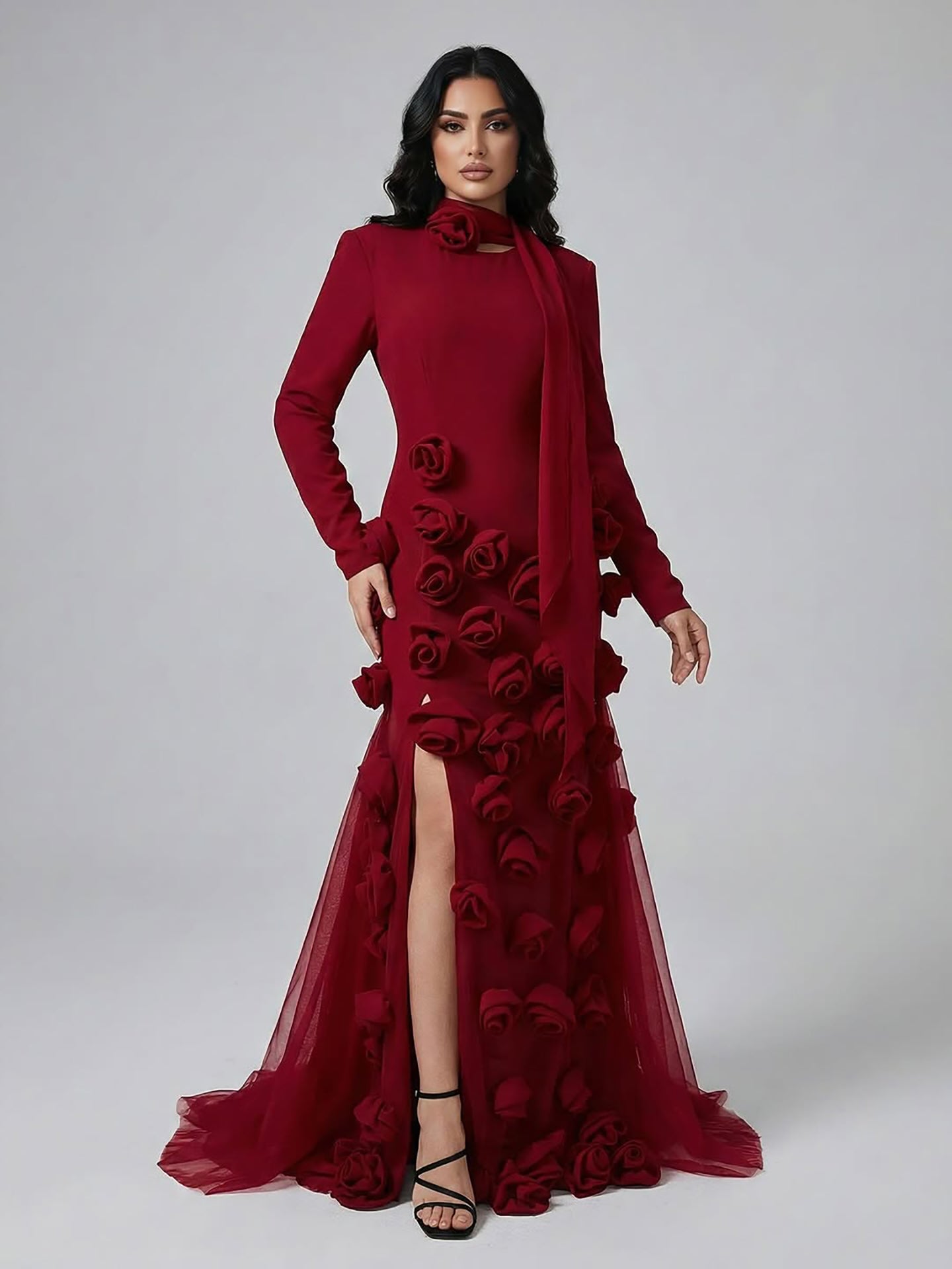 فستان سهرة فاخر بلون أحمر خمري بأكمام طويلة وفتحة جانبية مزينة بزهور ثلاثية الأبعاد بتصميم حورية البحر LA72568B 