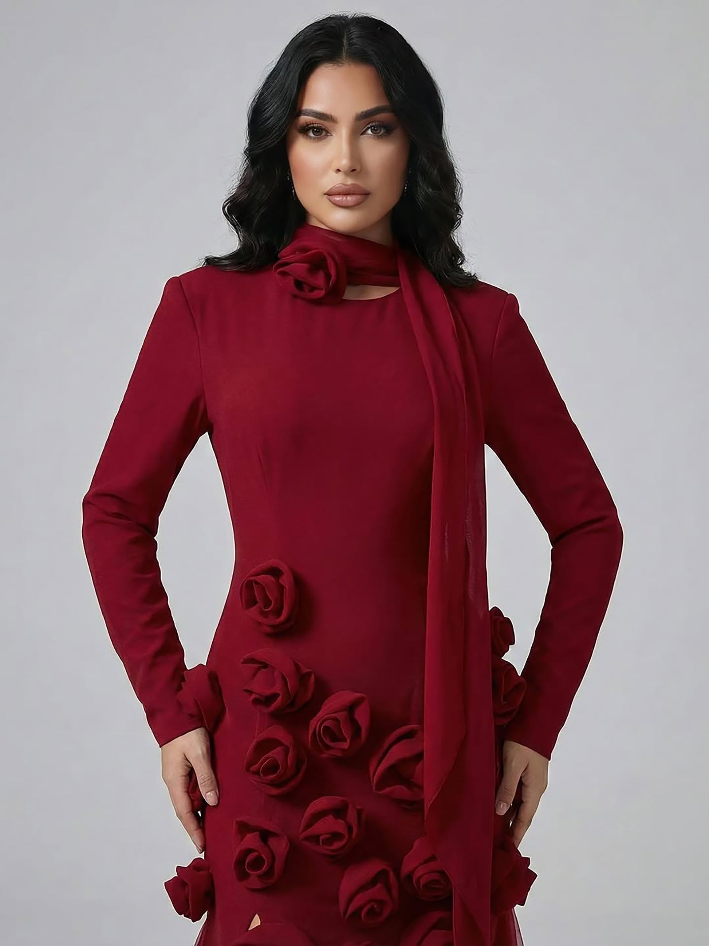 فستان سهرة فاخر بلون أحمر خمري بأكمام طويلة وفتحة جانبية مزينة بزهور ثلاثية الأبعاد بتصميم حورية البحر LA72568B 