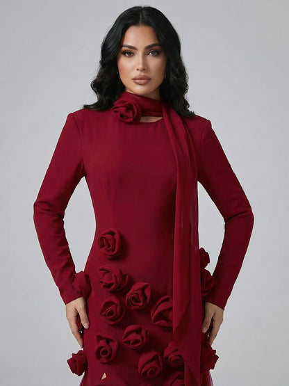 فستان سهرة فاخر بلون أحمر خمري بأكمام طويلة وفتحة جانبية مزينة بزهور ثلاثية الأبعاد بتصميم حورية البحر LA72568B 