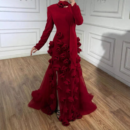 فستان سهرة فاخر بلون أحمر خمري بأكمام طويلة وفتحة جانبية مزينة بزهور ثلاثية الأبعاد بتصميم حورية البحر LA72568B 