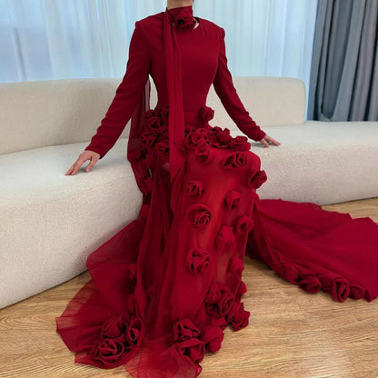 فستان سهرة فاخر بلون أحمر خمري بأكمام طويلة وفتحة جانبية مزينة بزهور ثلاثية الأبعاد بتصميم حورية البحر LA72568B 
