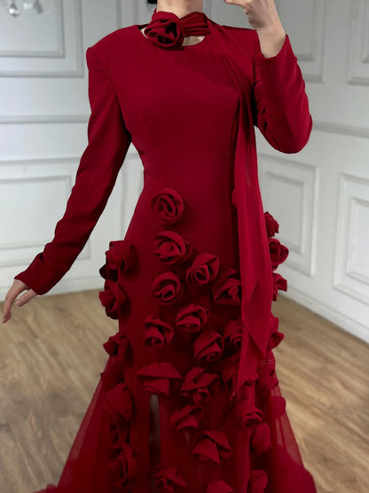 فستان سهرة فاخر بلون أحمر خمري بأكمام طويلة وفتحة جانبية مزينة بزهور ثلاثية الأبعاد بتصميم حورية البحر LA72568B 