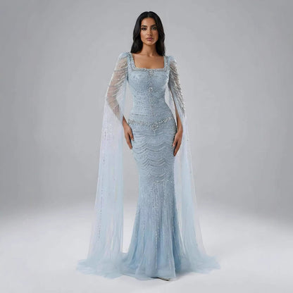 Luxuriöses, perlenbesetztes Karamell-Abendkleid mit Cape-Ärmeln LA72604