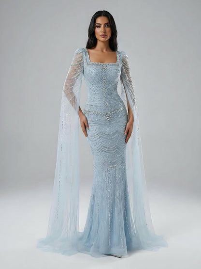 Luxuriöses, perlenbesetztes Karamell-Abendkleid mit Cape-Ärmeln LA72604