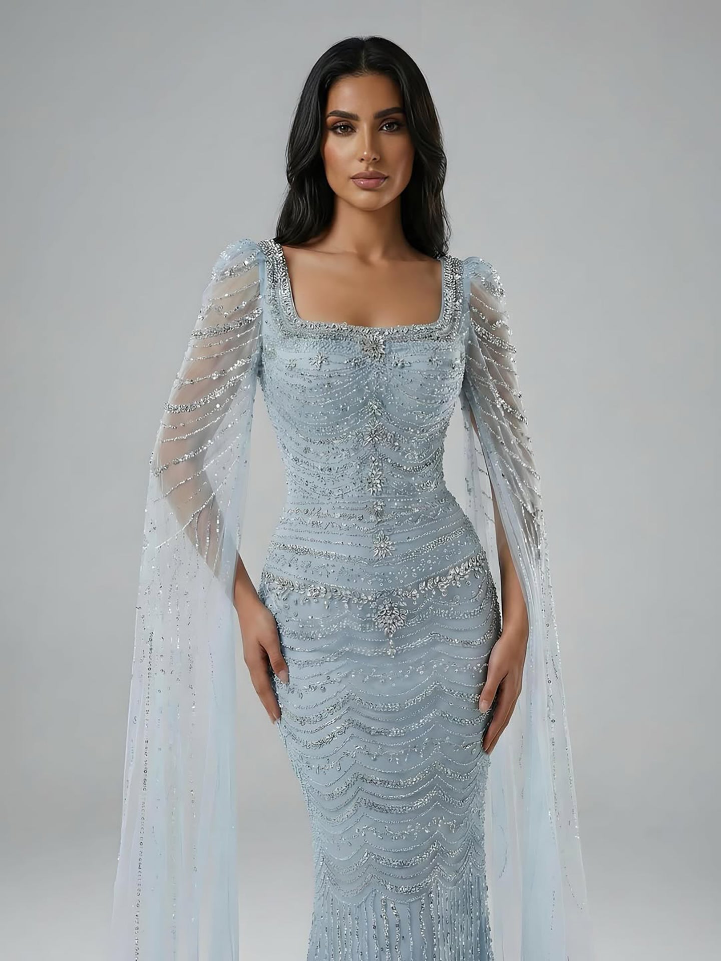 Luxuriöses, perlenbesetztes Karamell-Abendkleid mit Cape-Ärmeln LA72604