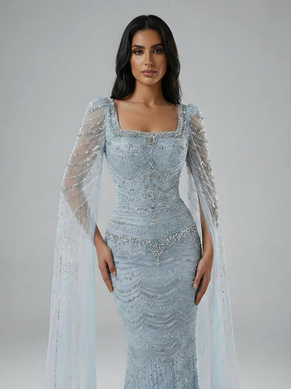 Luxuriöses, perlenbesetztes Karamell-Abendkleid mit Cape-Ärmeln LA72604