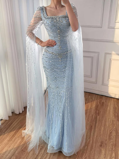 Luxuriöses, perlenbesetztes Karamell-Abendkleid mit Cape-Ärmeln LA72604