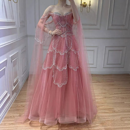 Luxuriöses arabisches Abendkleid in A-Linie mit Perlenbesatz und Cape, Salbeigrün, LA72605A