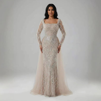 Luxury Saudi Arabic Beige Pearl Beaded Mermaid Evening Dress LA72634B