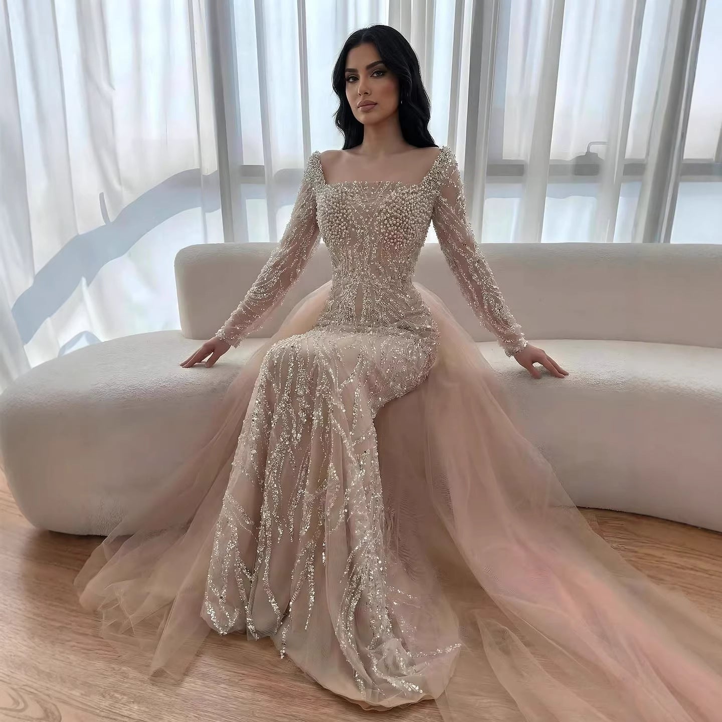 Luxury Saudi Arabic Beige Pearl Beaded Mermaid Evening Dress LA72634B