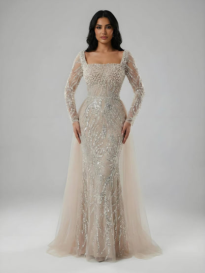 Luxury Saudi Arabic Beige Pearl Beaded Mermaid Evening Dress LA72634B