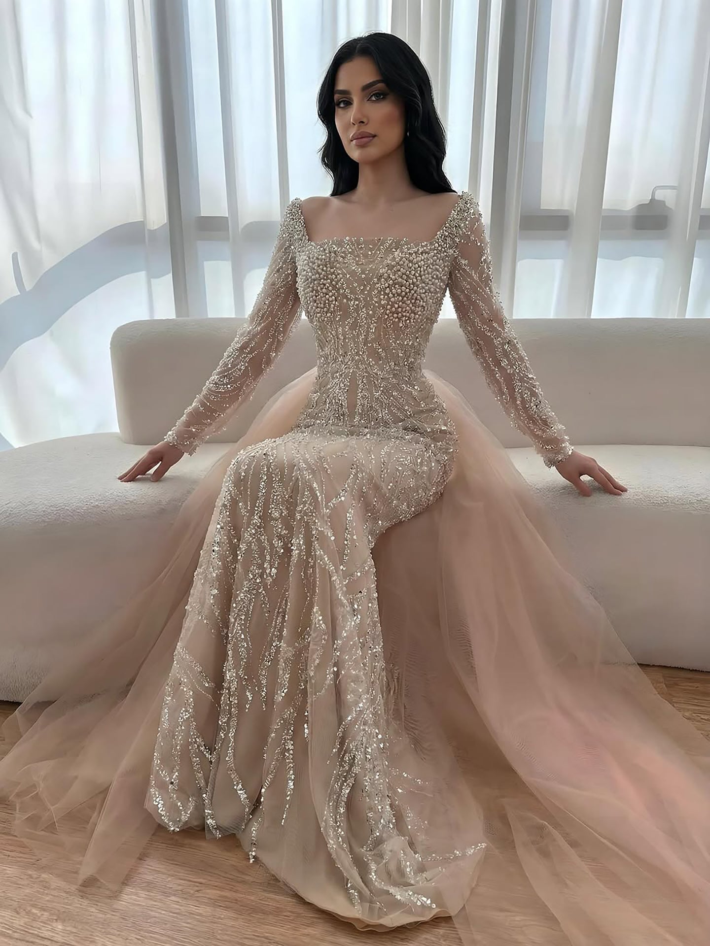 Luxury Saudi Arabic Beige Pearl Beaded Mermaid Evening Dress LA72634B