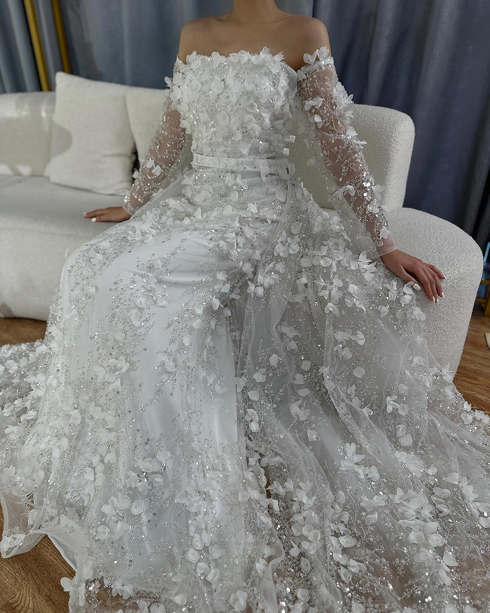 Pink Beaded Mermaid Evening Gown with Overskirt and Appliques LA72641