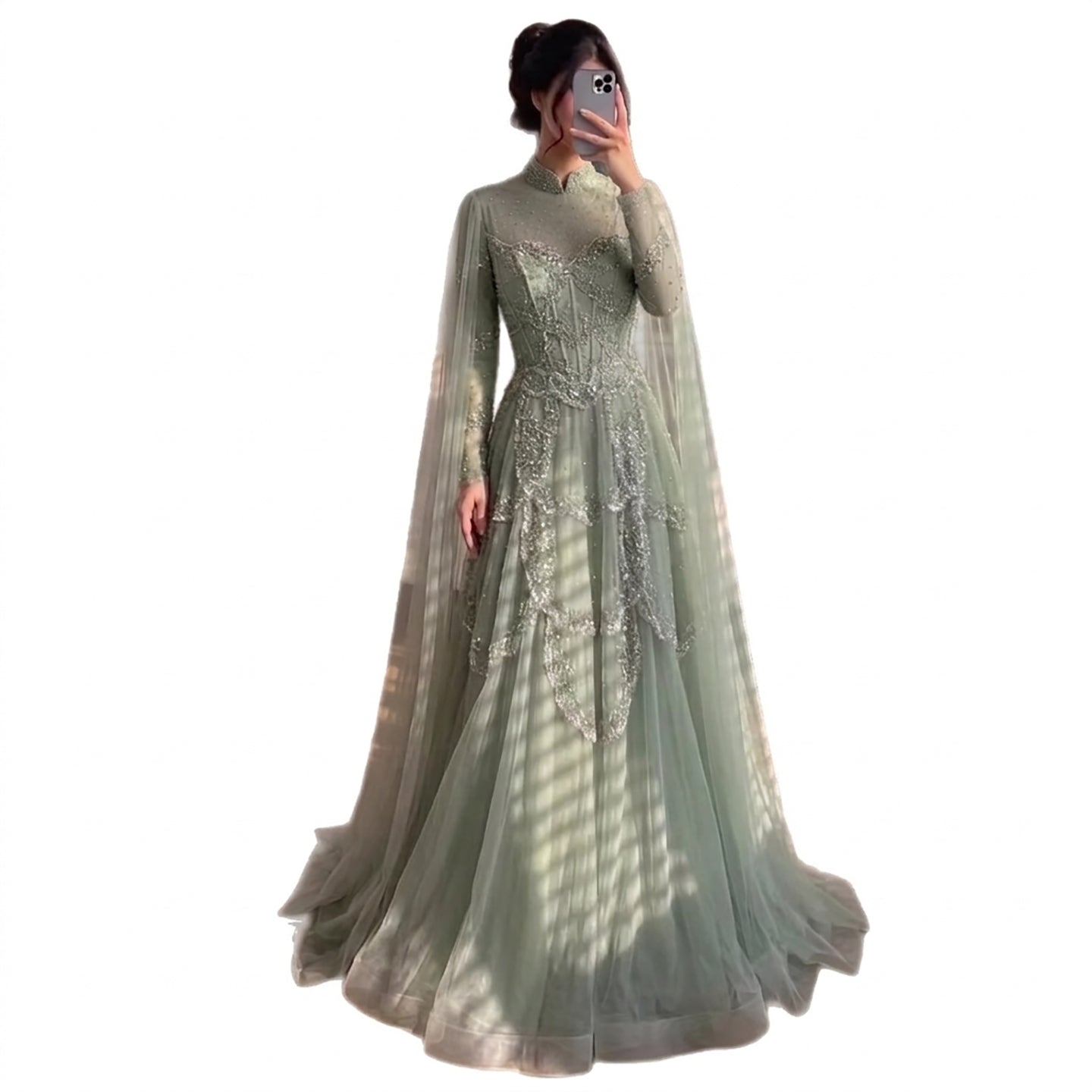 Luxury Sage Green Beaded Evening Dress with Cape LA72605B