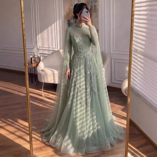 Luxury Sage Green Beaded Evening Dress with Cape LA72605B