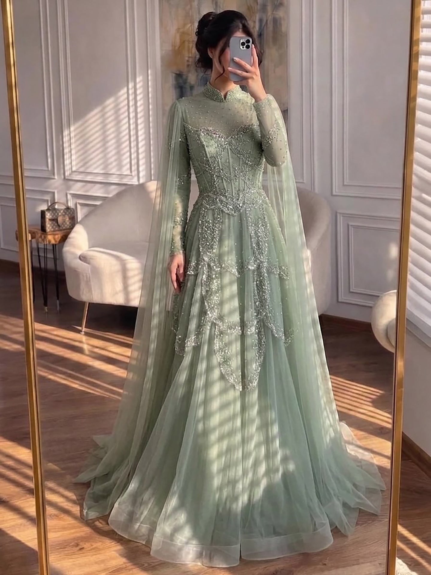 Luxury Sage Green Beaded Evening Dress with Cape LA72605B