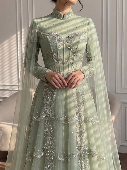 Luxury Sage Green Beaded Evening Dress with Cape LA72605B
