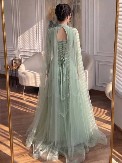 Luxury Sage Green Beaded Evening Dress with Cape LA72605B