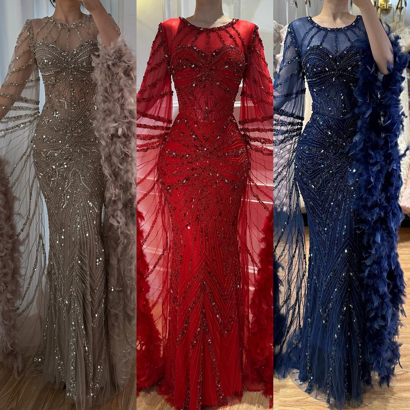 Luxury Modest Caramel Feather  Long Cape  Sleeves Mermaid Evening Dress LA72708A