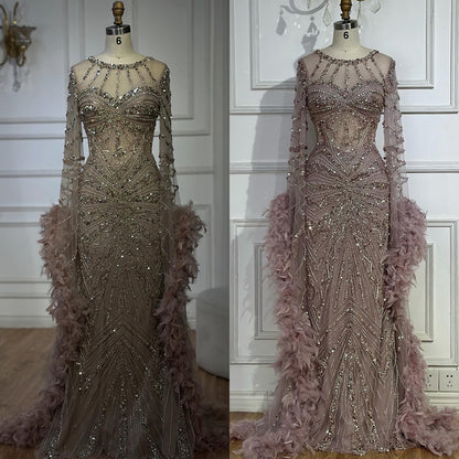 Luxury Modest Caramel Feather  Long Cape  Sleeves Mermaid Evening Dress LA72708A