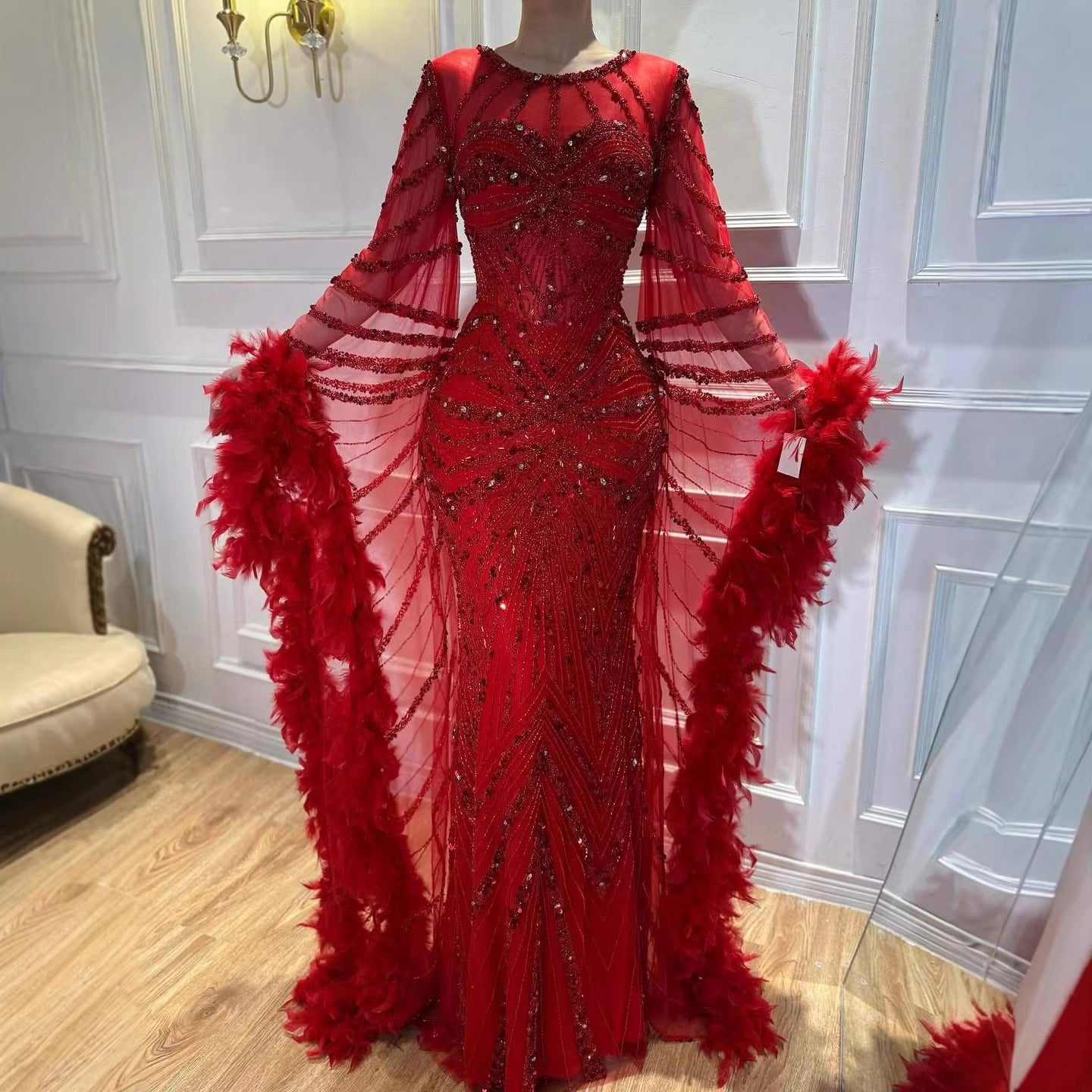 Luxury Modest Caramel Feather  Long Cape  Sleeves Mermaid Evening Dress LA72708A