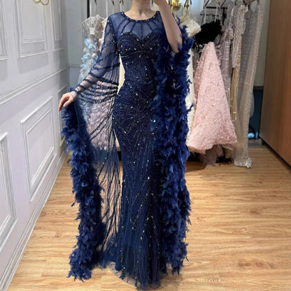 Luxury Modest Caramel Feather  Long Cape  Sleeves Mermaid Evening Dress LA72708A