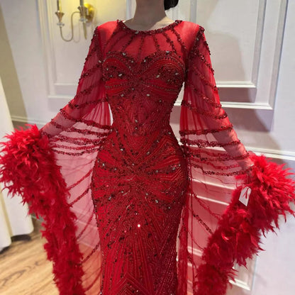 Luxury Modest Caramel Feather  Long Cape  Sleeves Mermaid Evening Dress LA72708A