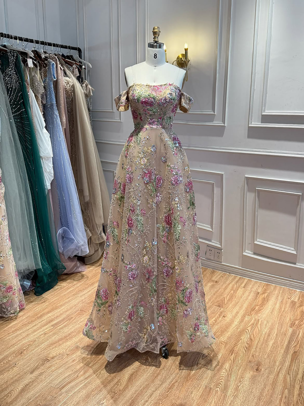 Luxury Nude Pink Off The Shoulder Floral Beaded A Line Dress LA72709A