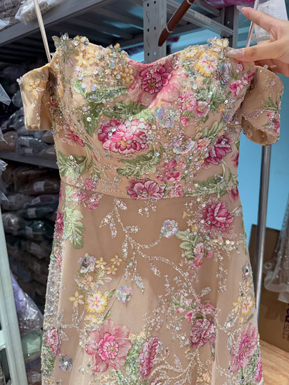 Luxury Nude Pink Off The Shoulder Floral Beaded A Line Dress LA72709A