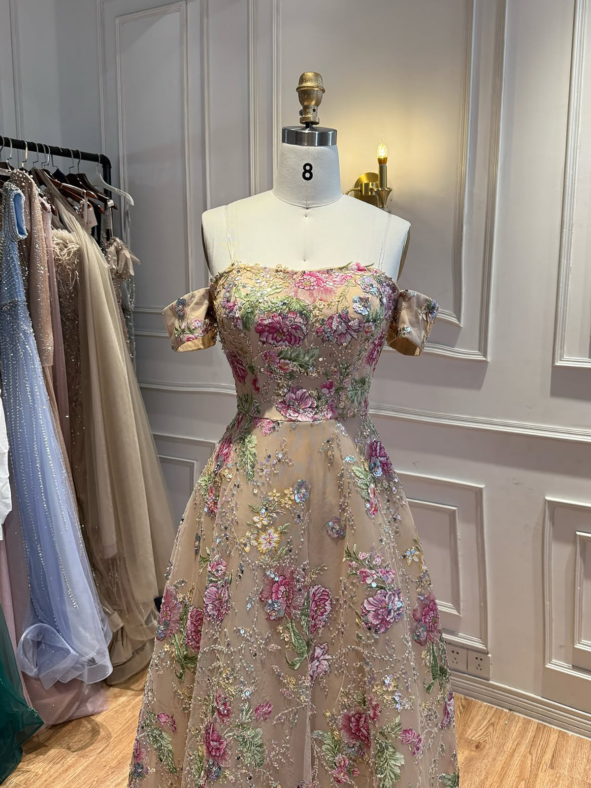 Luxury Nude Pink Off The Shoulder Floral Beaded A Line Dress LA72709A