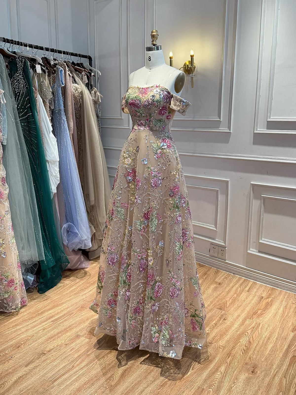 Luxury Nude Pink Off The Shoulder Floral Beaded A Line Dress LA72709A