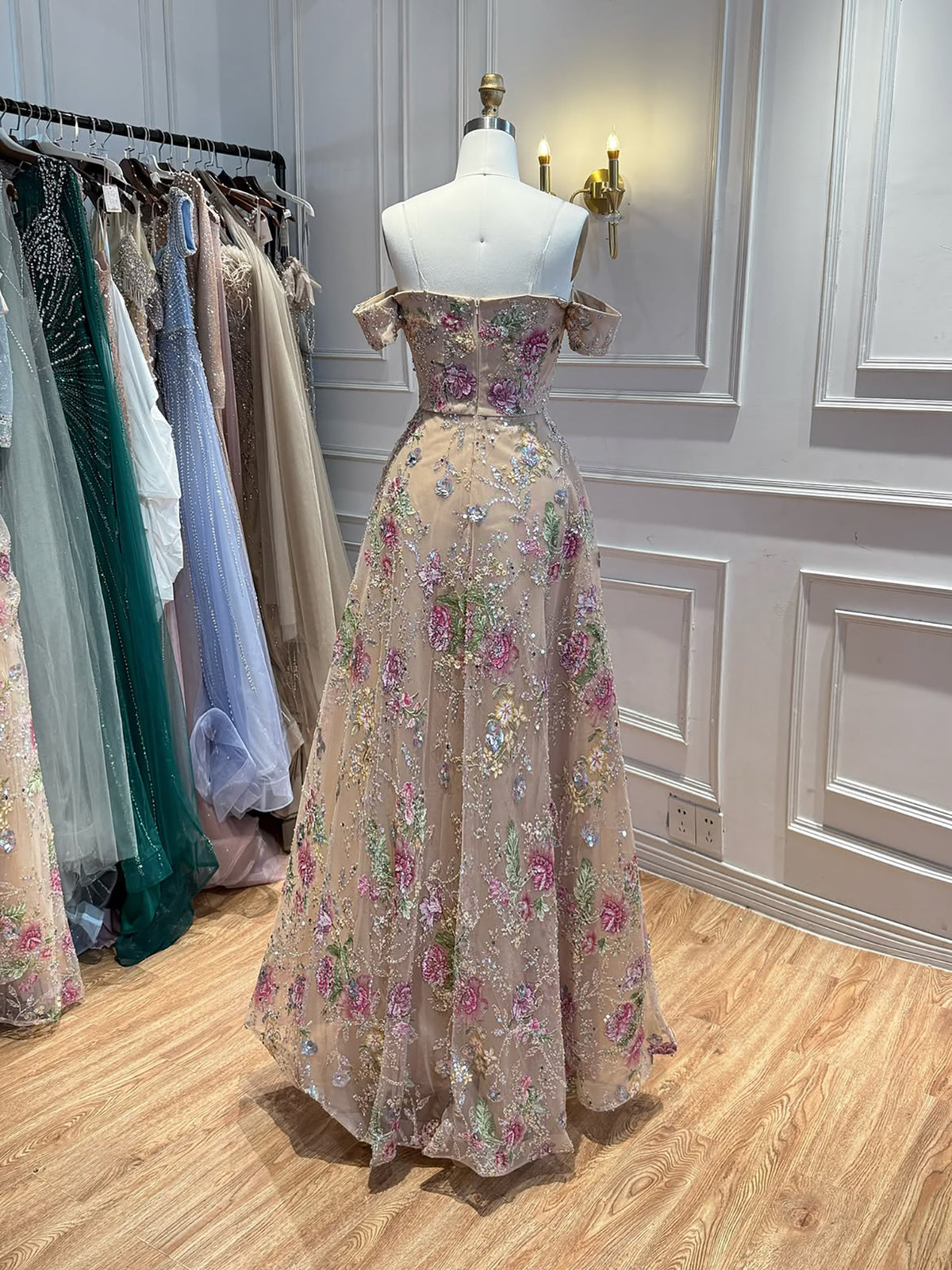 Luxury Nude Pink Off The Shoulder Floral Beaded A Line Dress LA72709A