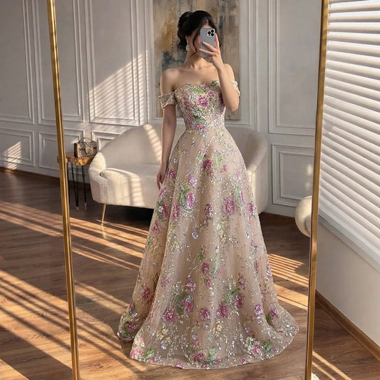 Luxury Nude Pink Off The Shoulder Floral Beaded A Line Dress LA72709A
