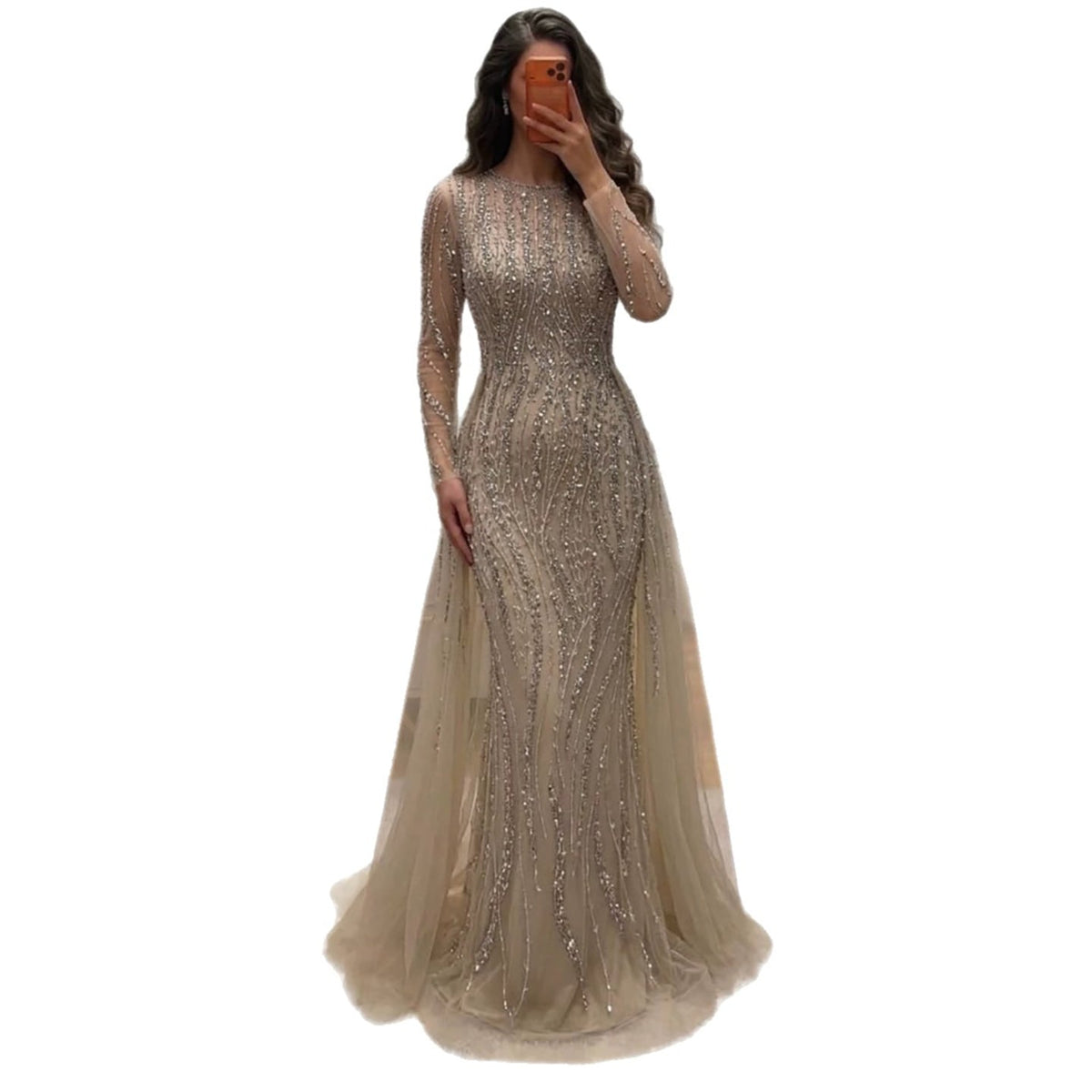 Luxury Caramel Beaded Long Sleeve Mermaid Dress With Overskirt LA72710B