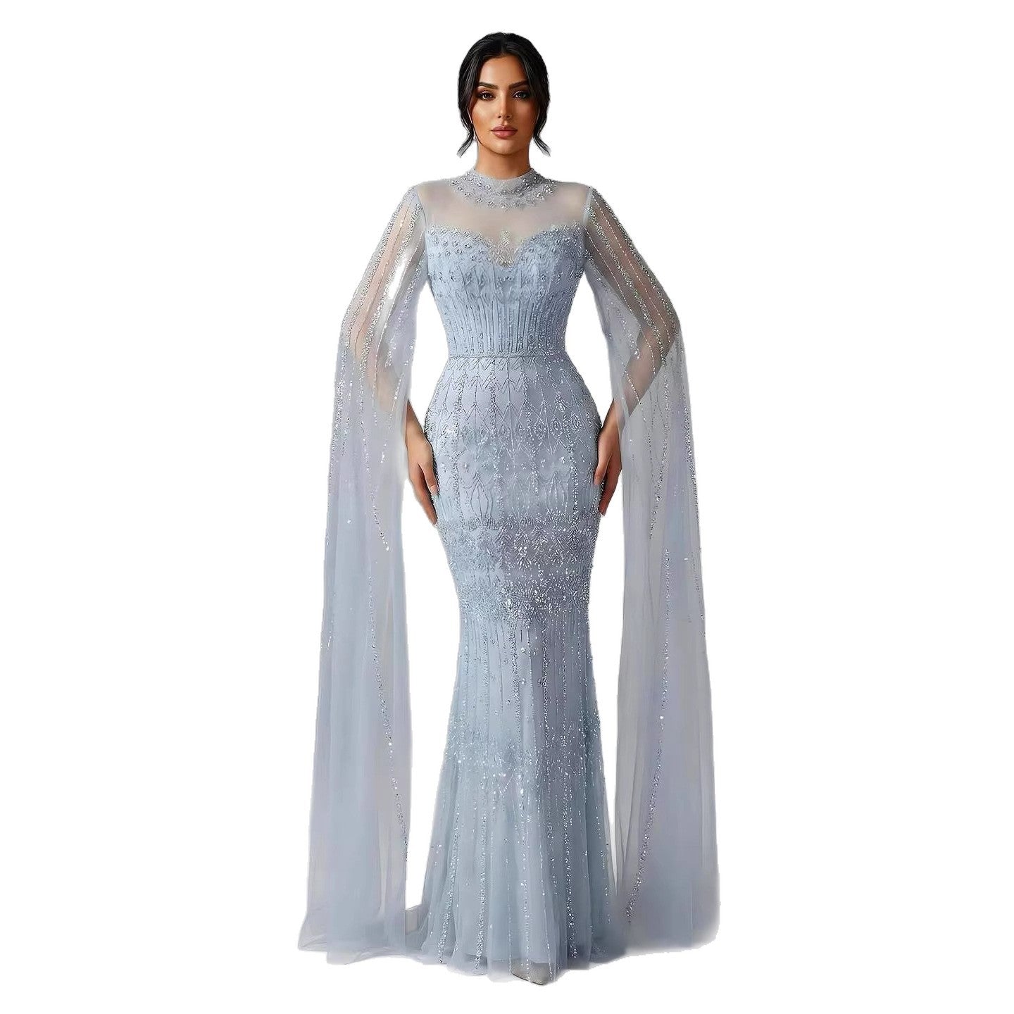 Luxury Arabic Blue Beaded Mermaid Evening Dress with Long Cape Sleeves LA72714AA