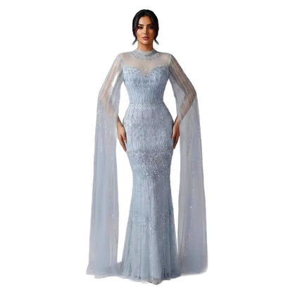 Luxury Arabic Blue Beaded Mermaid Evening Dress with Long Cape Sleeves LA72714AA
