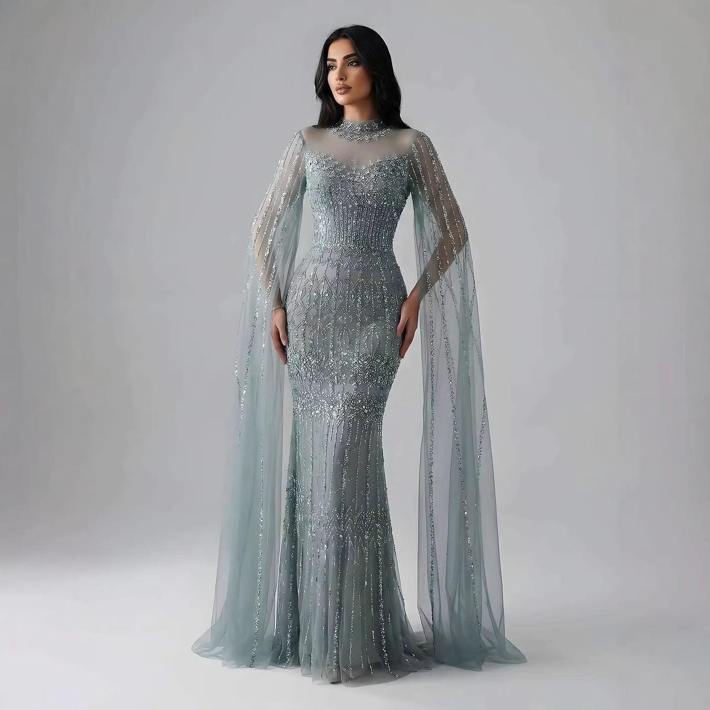 Luxury Arabic Blue Beaded Mermaid Evening Dress with Long Cape Sleeves LA72714AA