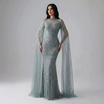 Luxury Arabic Blue Beaded Mermaid Evening Dress with Long Cape Sleeves LA72714AA