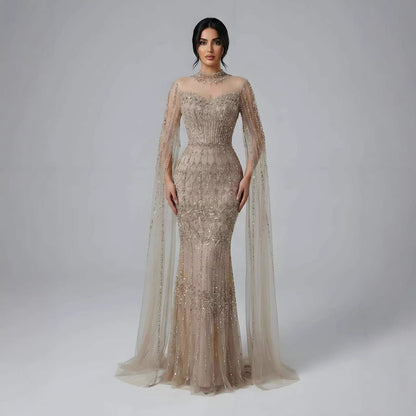 Luxury Arabic Blue Beaded Mermaid Evening Dress with Long Cape Sleeves LA72714AA