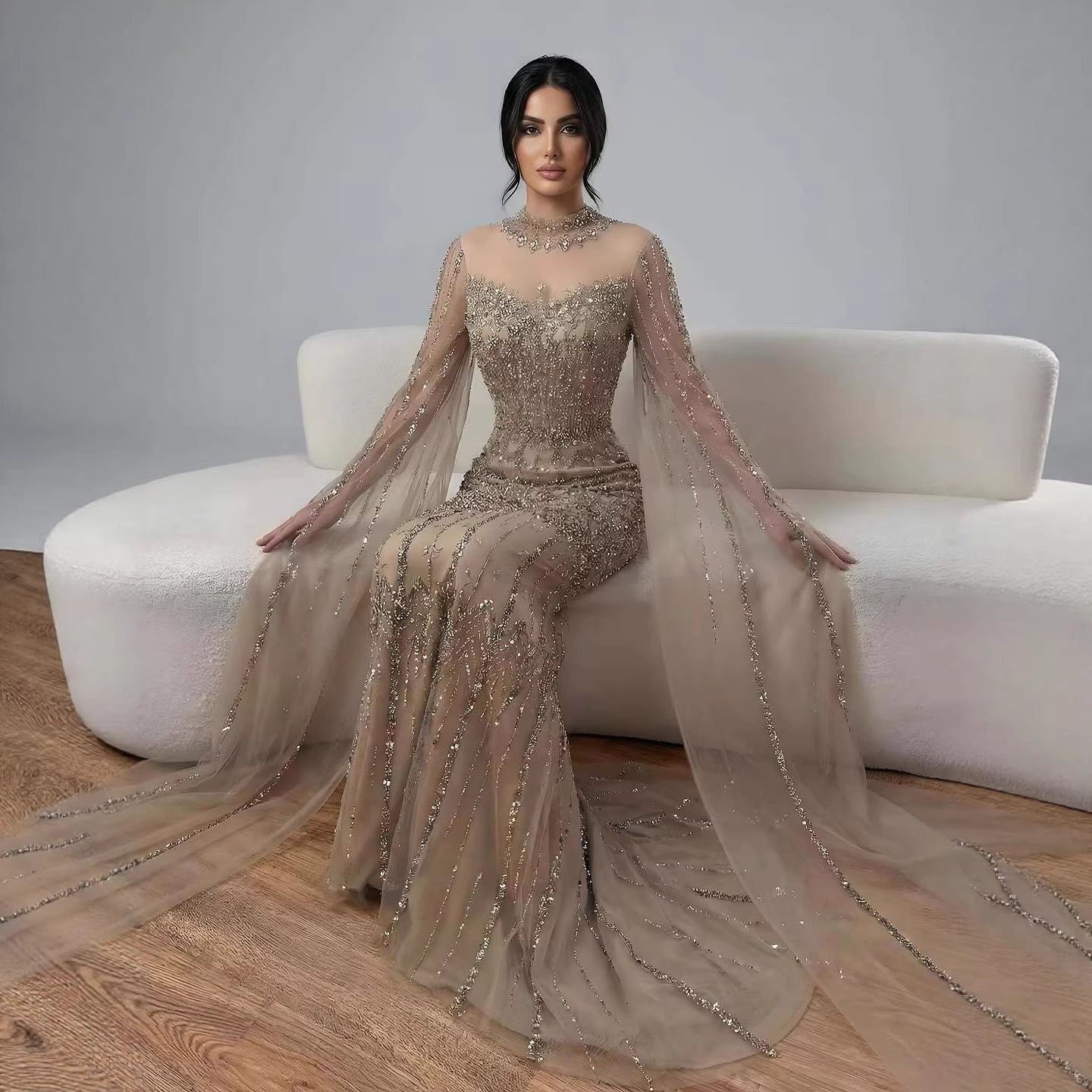 Luxury Arabic Blue Beaded Mermaid Evening Dress with Long Cape Sleeves LA72714AA